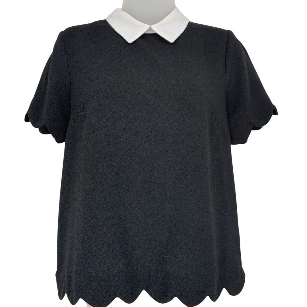 Monteau Medium Black White Collar Scalloped Blouse Preppy Goth